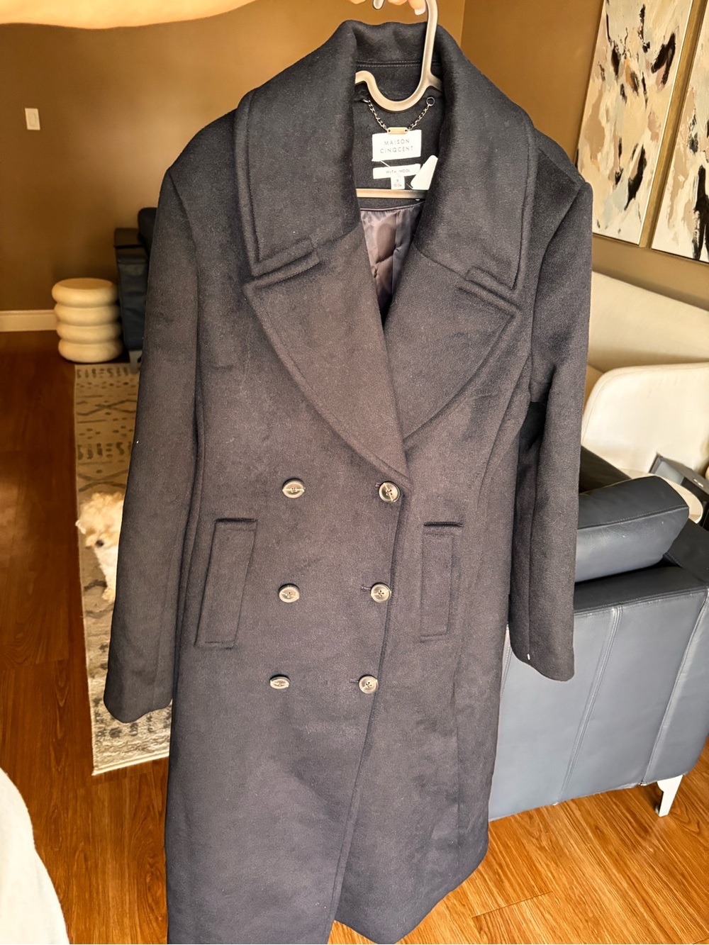 Maison Cinqcent Black Wool Blend  Women's Double-Breasted Wool Trench Coat